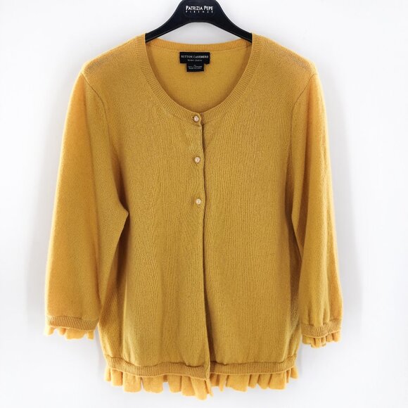 SUTTON CASHMERE 100% Cashmere Ruffle Trim Cardigan Pearl Buttons Yellow - Picture 1 of 4
